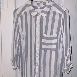 White and light blue sheer button up shirt. Size m.